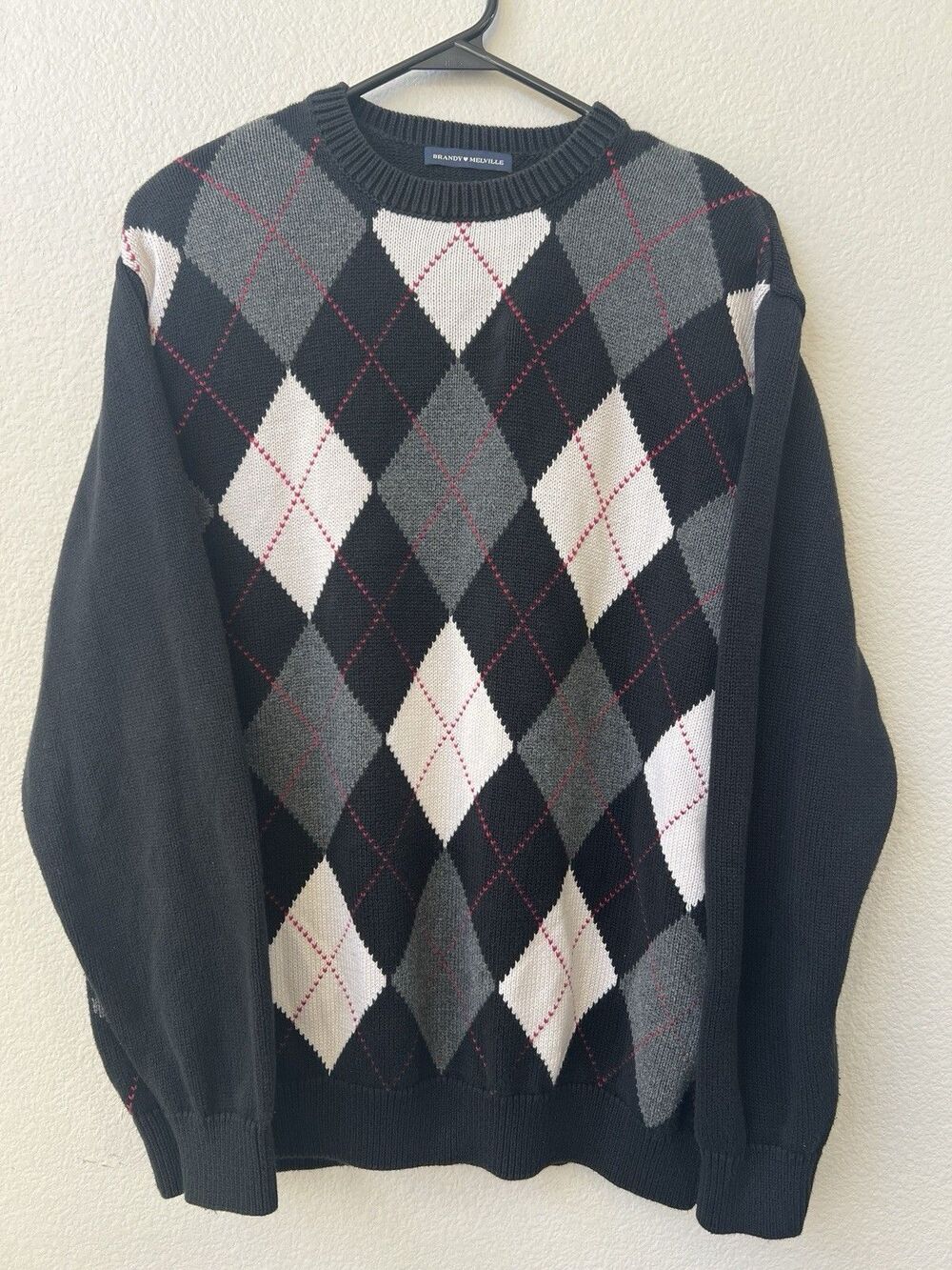 Brandy Melville Standard Knit Argyle Sweater Black Grey Cream Red Lines One Size